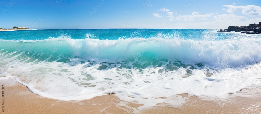 Aufkleber Panoramic view of turquoise ocean waves crashing on sandy beach under clear blue sky with few white clouds creating a serene coastal landscape.