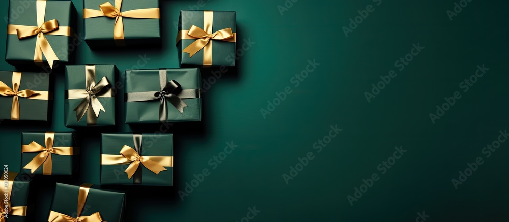 Poster top view of dark green christmas gift boxes with gold ribbons arranged on a deep green background fe