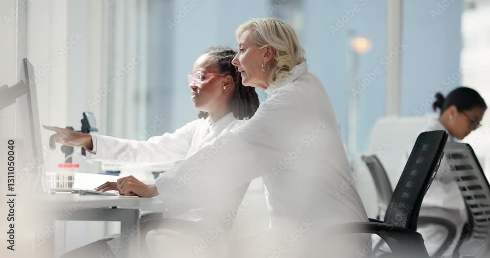 Poster scientist, collaboration and people with computer, online and help for intern with medical research.