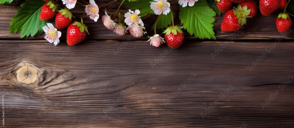 Aufkleber wild strawberry sprigs with red berries and pink flowers arranged on a rustic wooden background crea