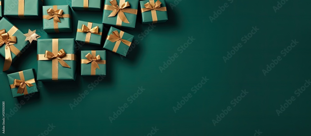 Poster Top view of teal gift boxes with golden bows arranged on a rich green background with ample empty space for text or additional elements