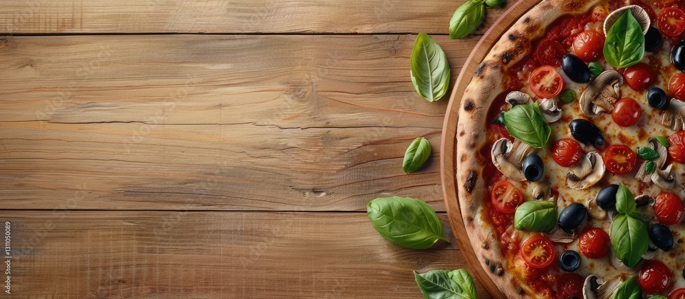 Poster Delicious pizza with tomatoes mushrooms black olives and fresh basil on a wooden table with empty space for text on the right side