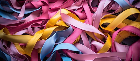 Colorful textile ribbons in shades of pink, grey, yellow, and cream scattered on a surface with ample copy space for branding or text.