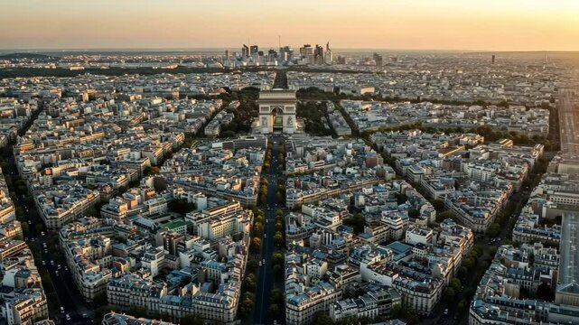 Breathtaking aerial view of Paris cityscape featuring the Arc de Triomphe and skyline at sunset