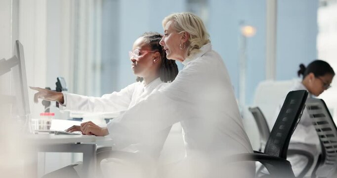Scientist, collaboration and people with computer, online and help for intern with medical research. Teamwork, women and asking for advice in lab, pointing and trainee with info for experiment