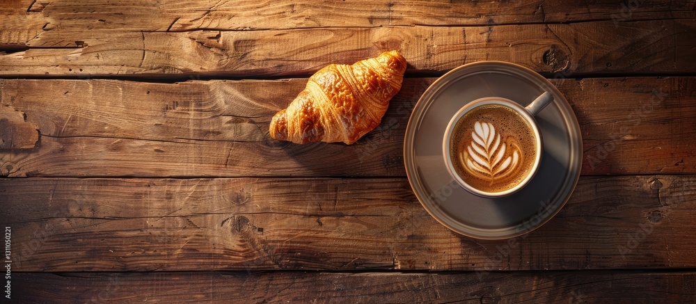 Poster charming breakfast scene featuring a golden croissant and a cup of latte on a rustic wooden table wi