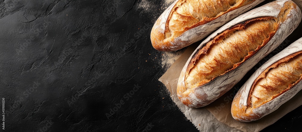 Poster Golden-brown French baguettes with crunchy crusts and soft interiors arranged on a dark textured surface with ample negative space for copy.
