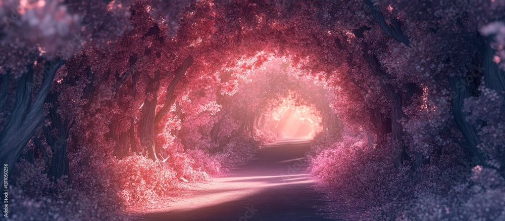 Poster Enchanting tunnel framed by pink flowering trees with soft pink and purple hues creating a dreamy path illuminated by gentle sunlight.