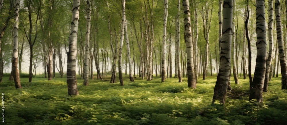 Poster lush green poplar tree woodland with ample open space and sunlight filtering through the trees creat