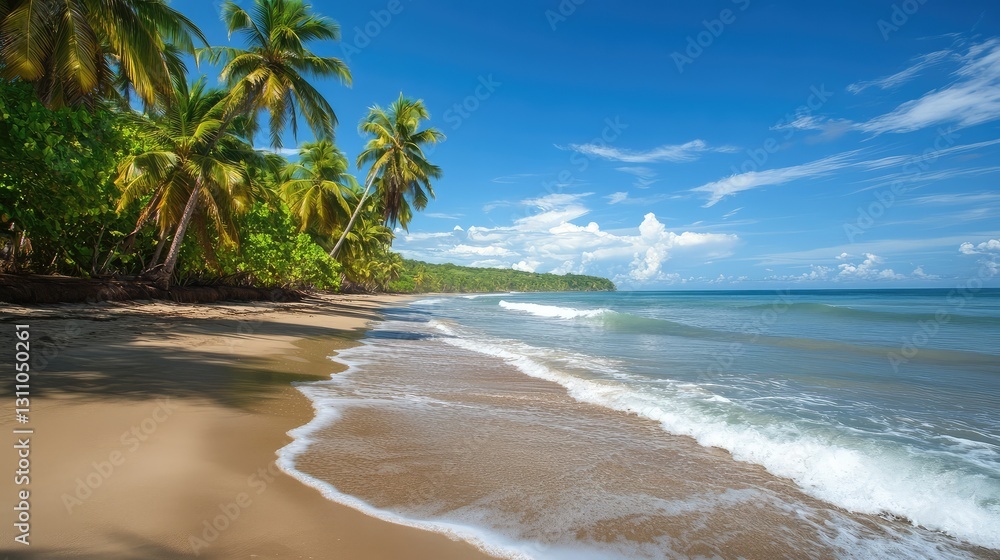 Poster a wide-angle view of a beach with gentle waves and palm trees along the coastline.