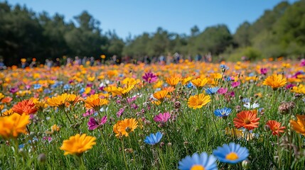 Fototapeta premium A bright meadow of wildflowers sways softly in the breeze showcasing vivid hues and intricate petal details under a clear sky