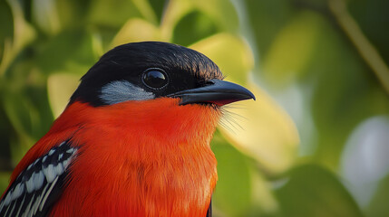 Scarlet minivet with sharp beak in vibrant portrait