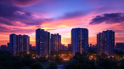 Fototapeta premium Sunset view of urban buildings with vibrant sky and illuminated surroundings.