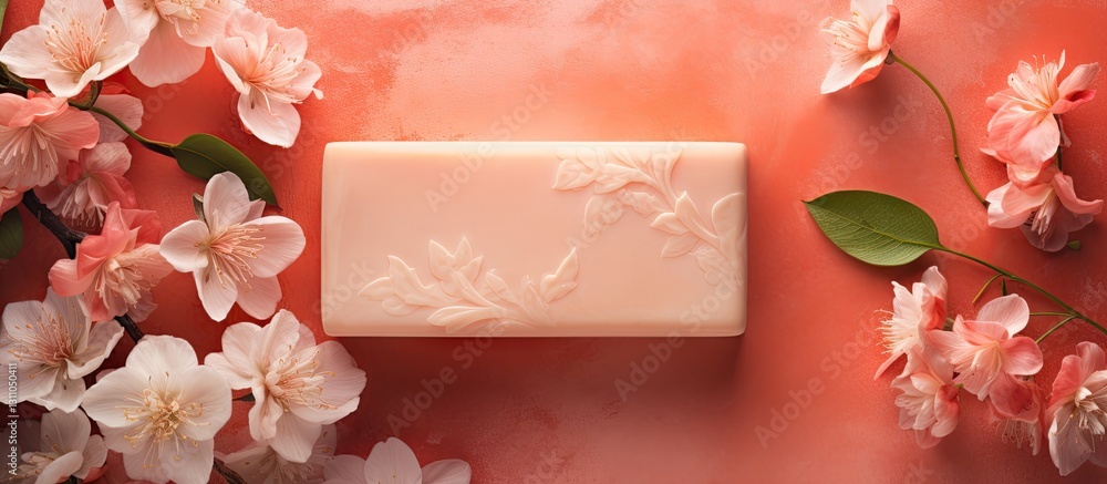 Poster Soap bar centered on coral backdrop surrounded by soft pink flowers and green leaves, creating a serene and aesthetic composition with copy space.