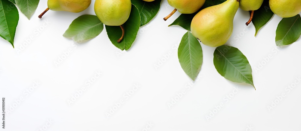 Poster fresh ripe organic pears with green leaves arranged from the left side against a white background, c