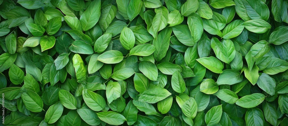 Poster lush green tropical leaves in various shades overlapping in a dense texture, creating a rich natural