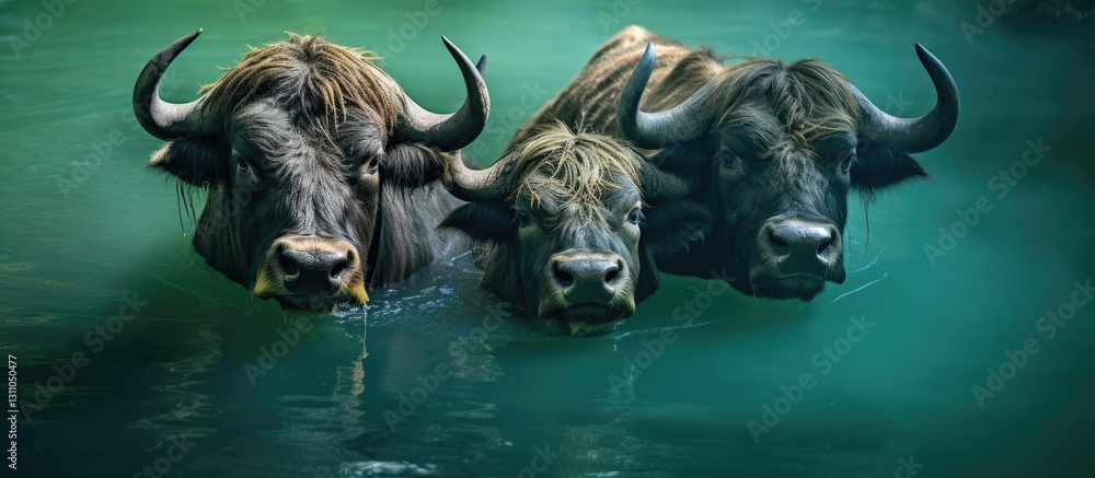 Poster three buffalos submerged partially in a tranquil green pond reflecting soft light, showcasing their 