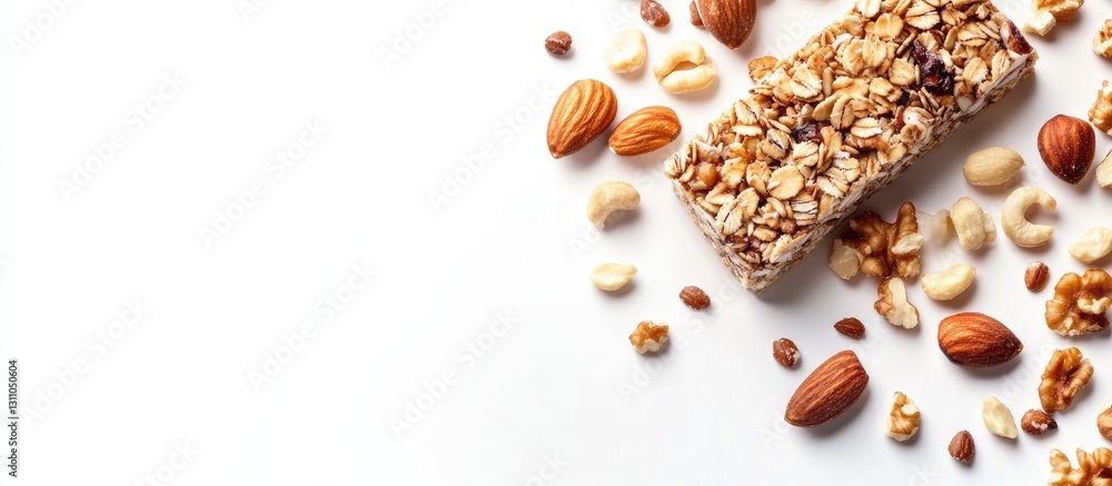 Poster granola energy bar surrounded by assorted nuts on a white background showcasing a healthy nutrition 