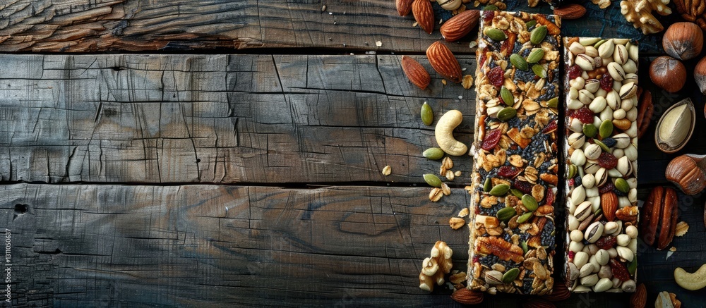 Poster Top view of assorted healthy muesli bars with nuts and seeds arranged on a dark wooden table with ample space on the right for copy or text