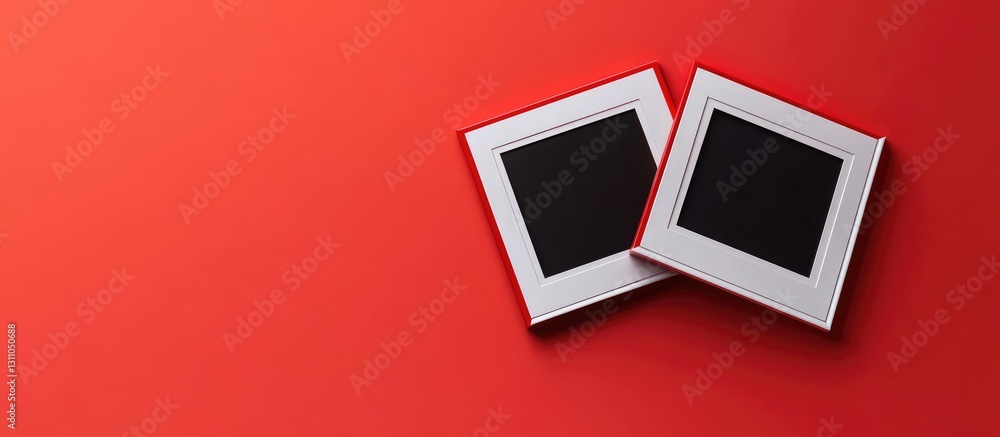 Poster two empty polaroid photo frames with white borders on a bold red background ready for cherished memo