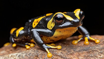 Fototapeta premium Vibrant Yellow and Black Frog on Dark Wood