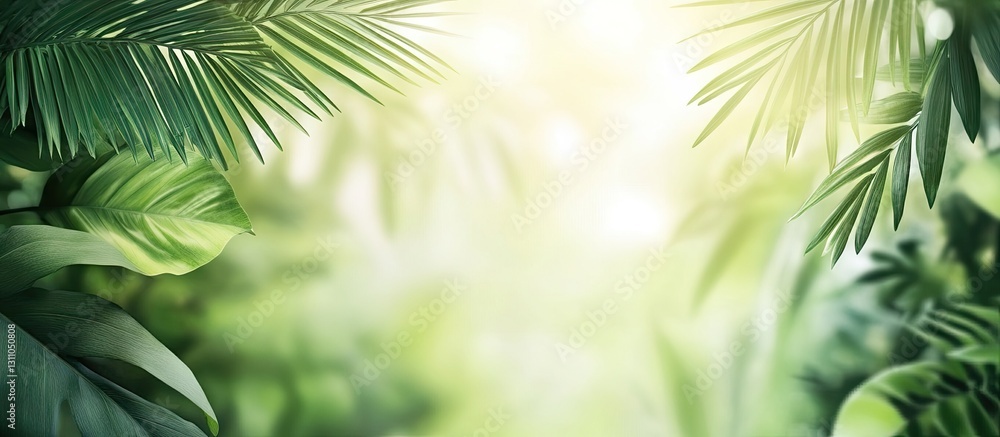 Aufkleber Lush green palm leaves create a vibrant summer backdrop with soft light filtering through, enhancing a tropical nature theme atmosphere.