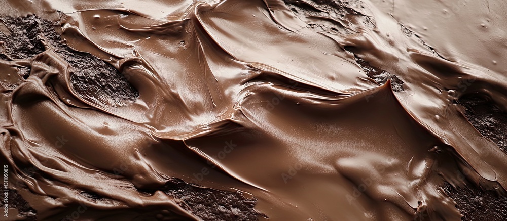 Poster rich glossy brown chocolate spread smoothly across a textured dark surface with soft waves and curve