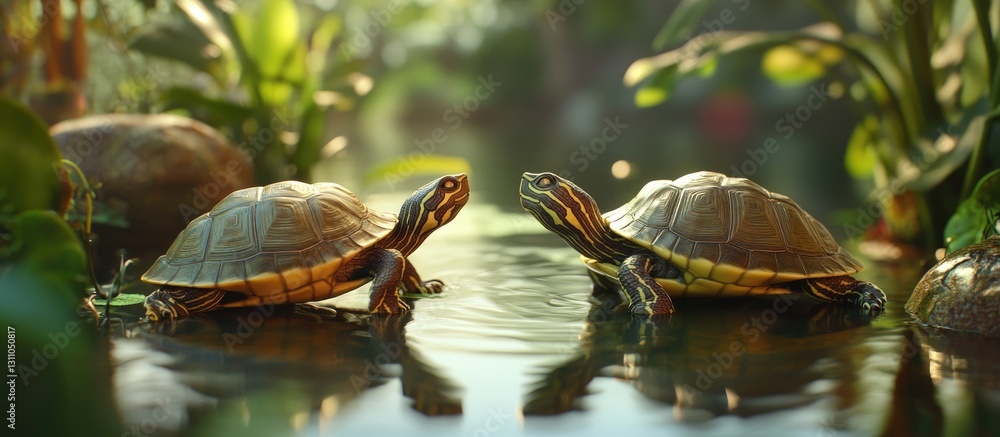 Aufkleber two turtles in warm sunlight facing each other by a calm pond surrounded by lush greenery and soft r