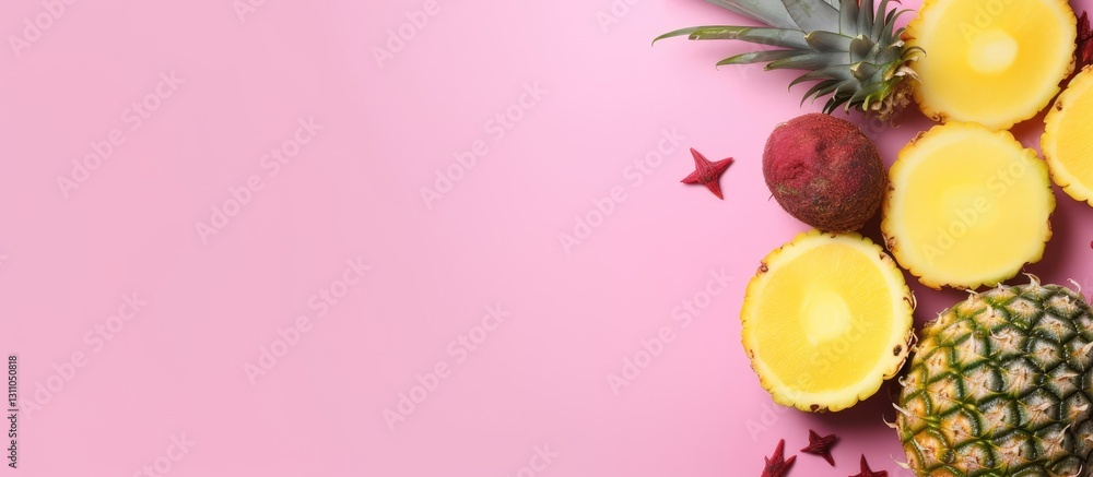 Poster tropical fruits including pineapple, lychee, and starfruit arranged on a soft pink background with v