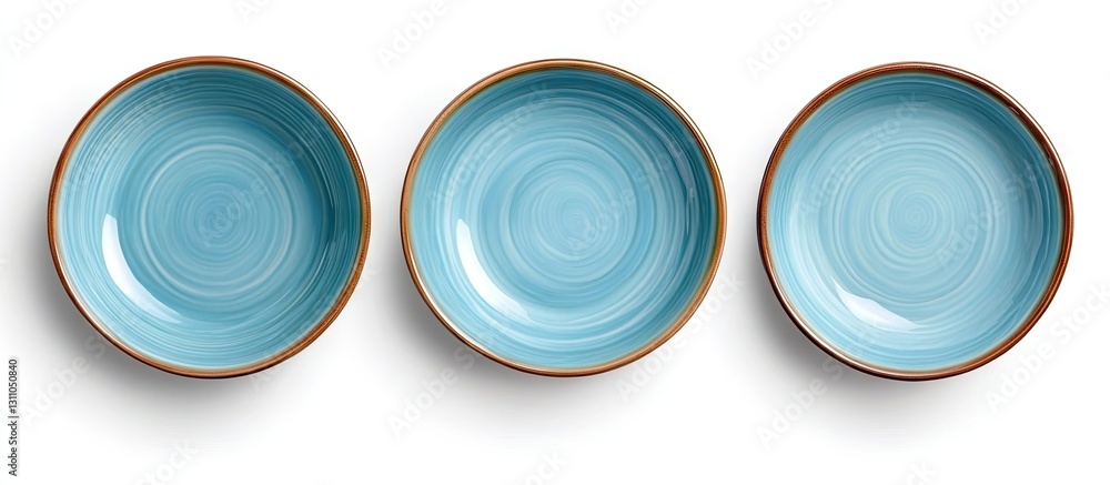 Aufkleber set of three round ceramic plates in vibrant blue tones arranged in a row on a clean white backgroun