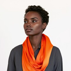 Fototapeta premium Person with deep ebony skin, short coiled black hair in a bright orange silk scarf over a glossy charcoal gray shirt, velvety texture, full view, isolated on white background - Generative AI