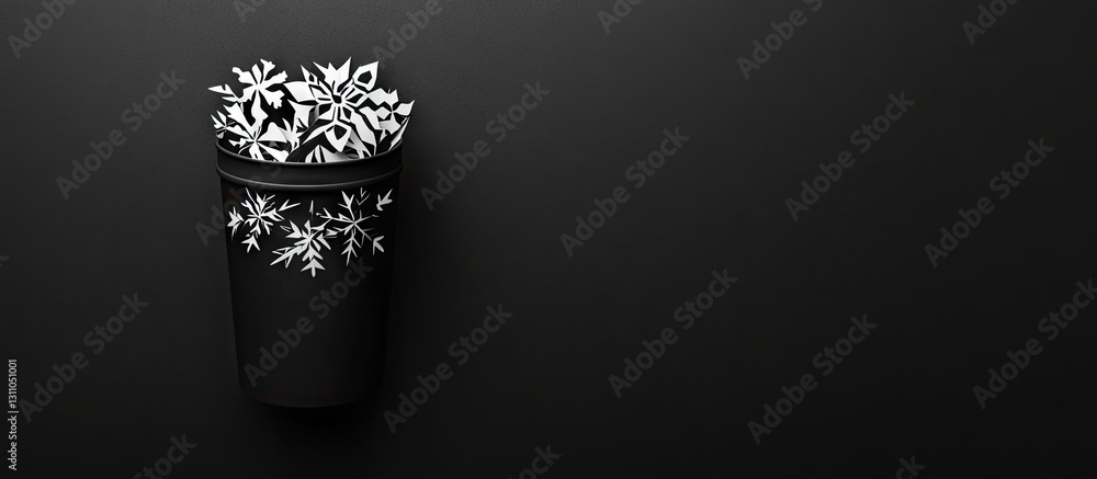Aufkleber holiday themed trash bin with snowflake paper cut design in black and white displayed on a minimalis