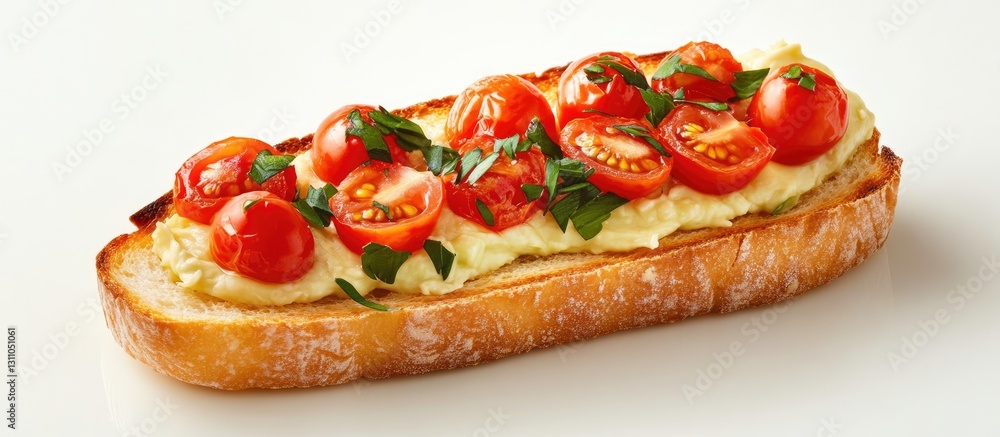 Poster toasted bread topped with creamy avocado and vibrant cherry tomatoes positioned centrally on a white
