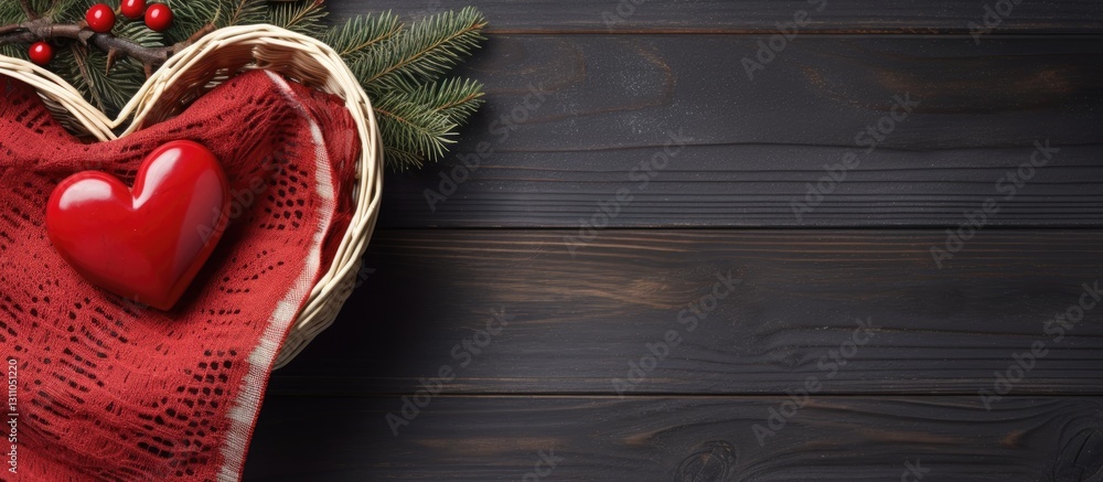 Poster Top view of a red woven basket with a handmade fabric heart and pine twigs on dark wooden background with empty space for text on the right