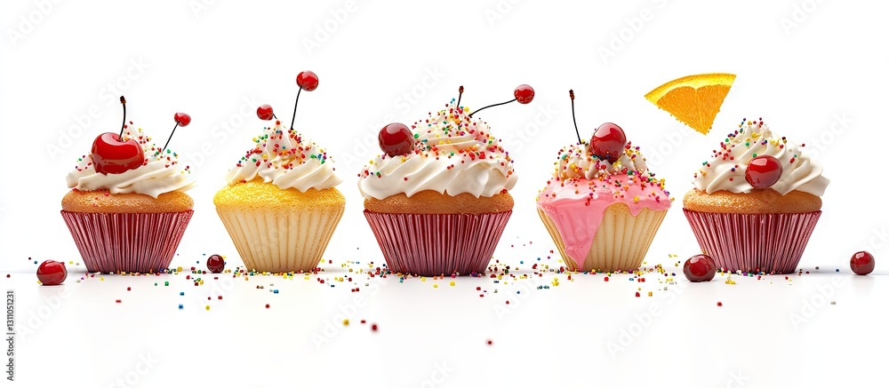Poster colorful triangular cupcakes in vanilla orange cherry strawberry raspberry flavors topped with sprin