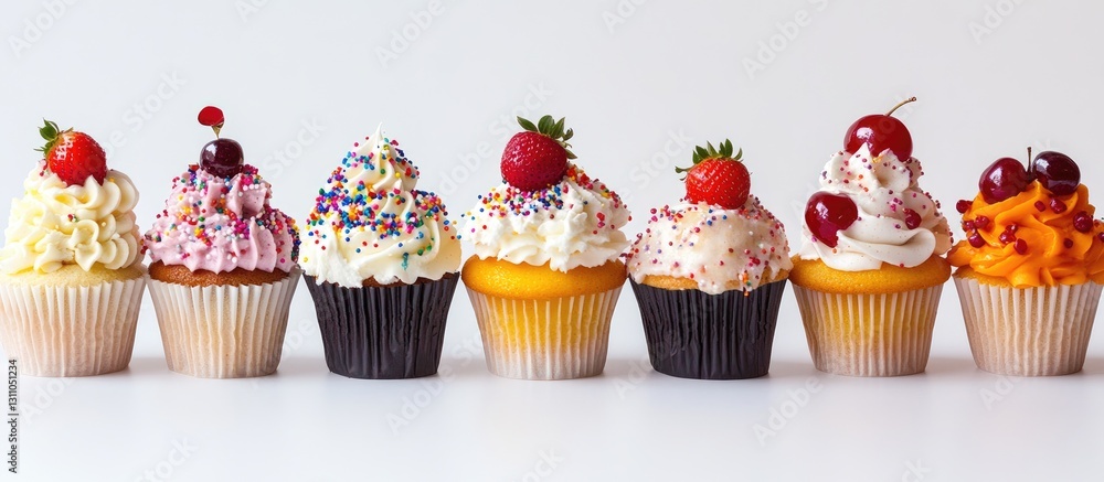 Poster colorful array of cupcakes in various flavors with vibrant sprinkles displayed in a row against a cl