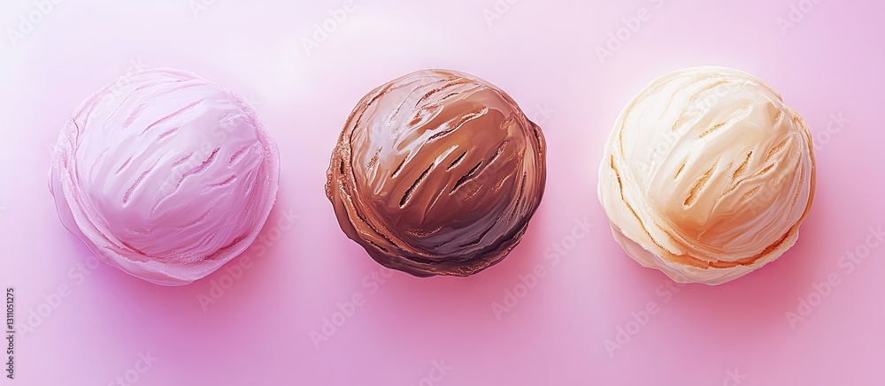 Aufkleber three ice cream scoops in pink chocolate caramel and milk flavors arranged in a top view flat lay on