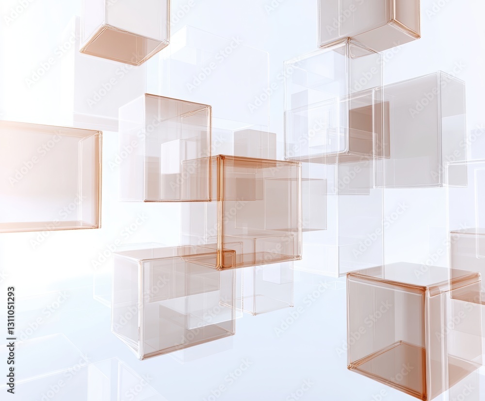 Poster abstract cubes: a collection of transparent, geometric cubes floats in a luminous space, creating a 