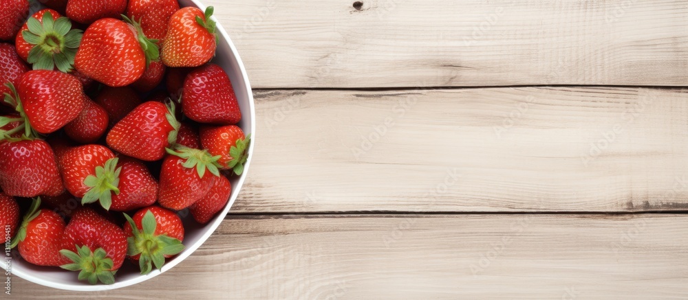 Poster Fresh strawberries in a white bowl positioned on the left of a light wooden background with ample copy space on the right for text.