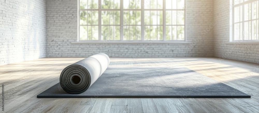 Leinwandbilder yoga mat unrolled on a smooth wooden floor with large windows letting in soft natural light creating