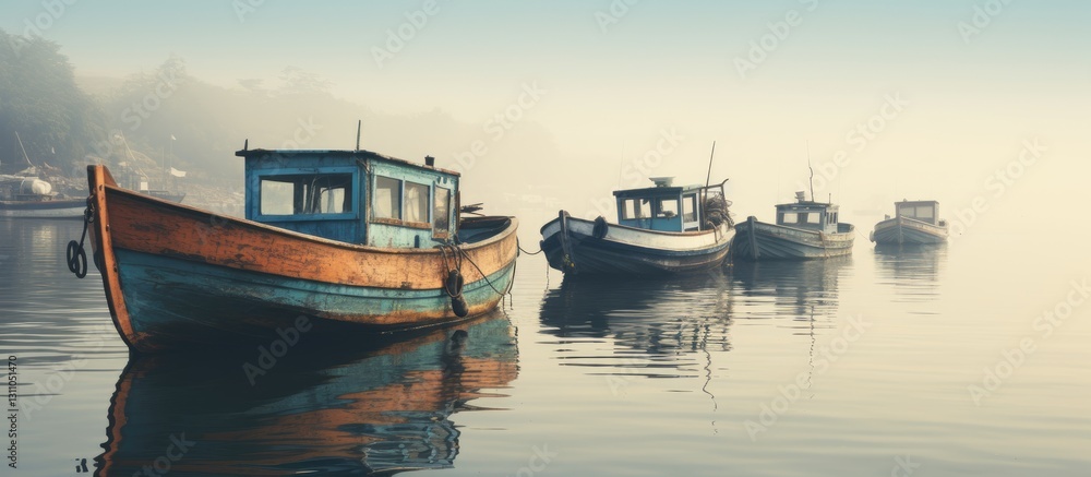 Poster serene morning scene featuring old empty fishing boats floating on a smooth river surface under soft