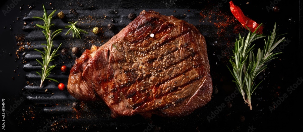 Aufkleber Aerial view of a perfectly grilled steak garnished with herbs and spices on a dark surface with ample space for text on the left side