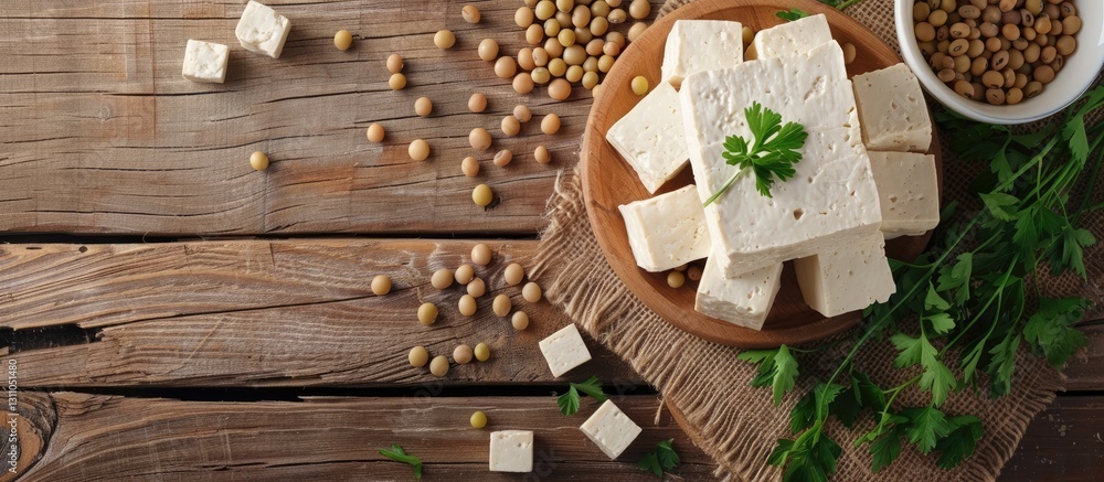 Poster delightful tofu cubes arranged on a wooden surface surrounded by soybeans and parsley with ample spa