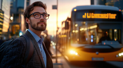 An Entrepreneur in Transit â He glances at an incoming bus while staying focused on his business call. Work for the benefit of people and the welfare of society.