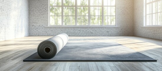 Yoga mat unrolled on a smooth wooden floor with large windows letting in soft natural light creating a serene and calming atmosphere.