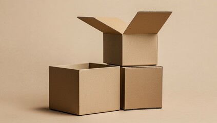Obraz premium Open Cardboard Boxes Stacked Beige Background