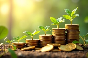 Stacks of gold coins with green plants sprouting, symbolizing financial growth, investment success, and economic prosperity  
