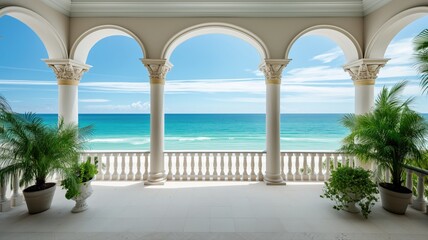 Fototapeta premium white coastal living room features large windows overlooking the ocean