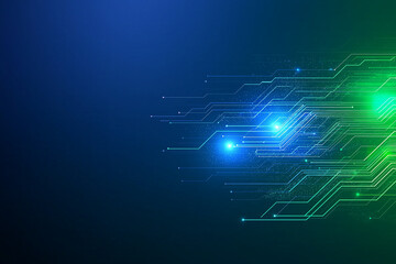 A sleek digital technology banner set against a blue and green background, highlighting abstract tech motifs, a forward-looking innovation concept, interconnected internet networks
