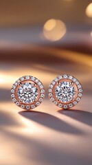 Elegant rose gold diamond stud earrings with sparkling round-cut gemstones, set in a halo design, reflecting light beautifully on a soft, blurred luxury background.
